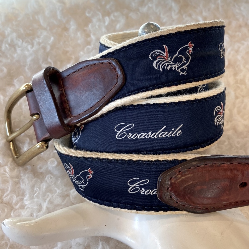 Croasdaile Emblem Cotton & Leather Belt, Size 36, Solid Brass Buckle